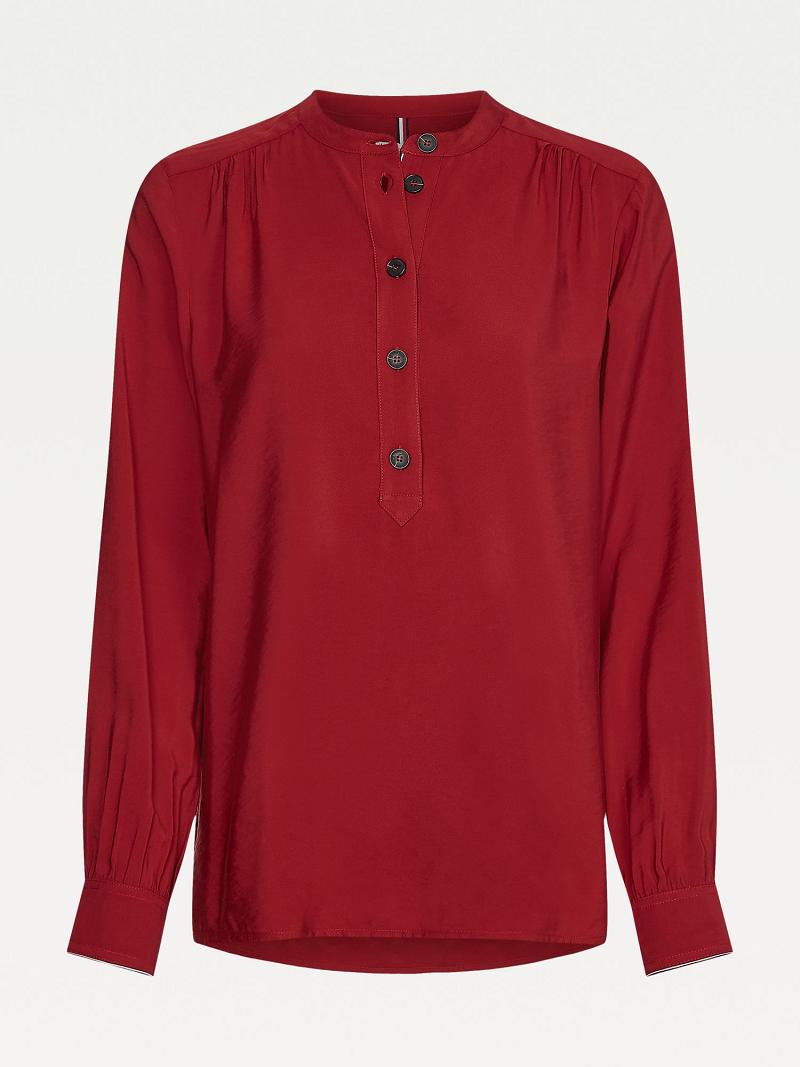 Női Tommy Hilfiger Solid Popover Blouses Piros | HU 19ZUT